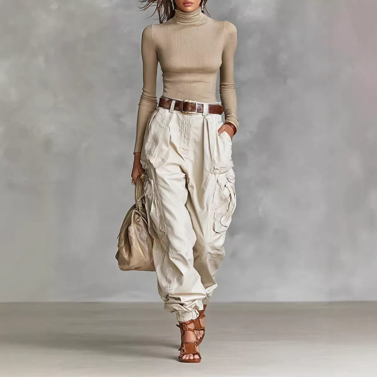 Renata - Women's Pleated High Waist Wide Leg Cargo Pants 1