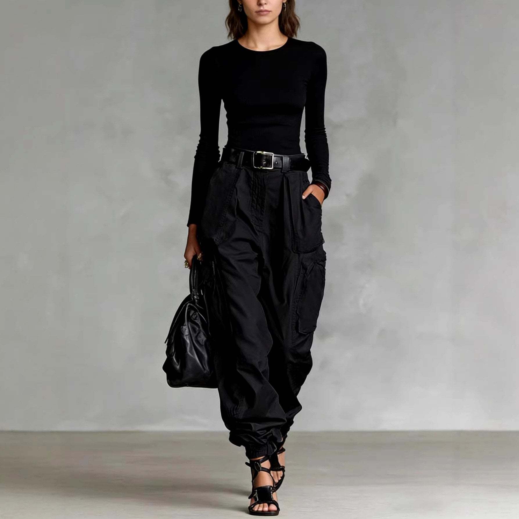 Renata - Women's Pleated High Waist Wide Leg Cargo Pants 2