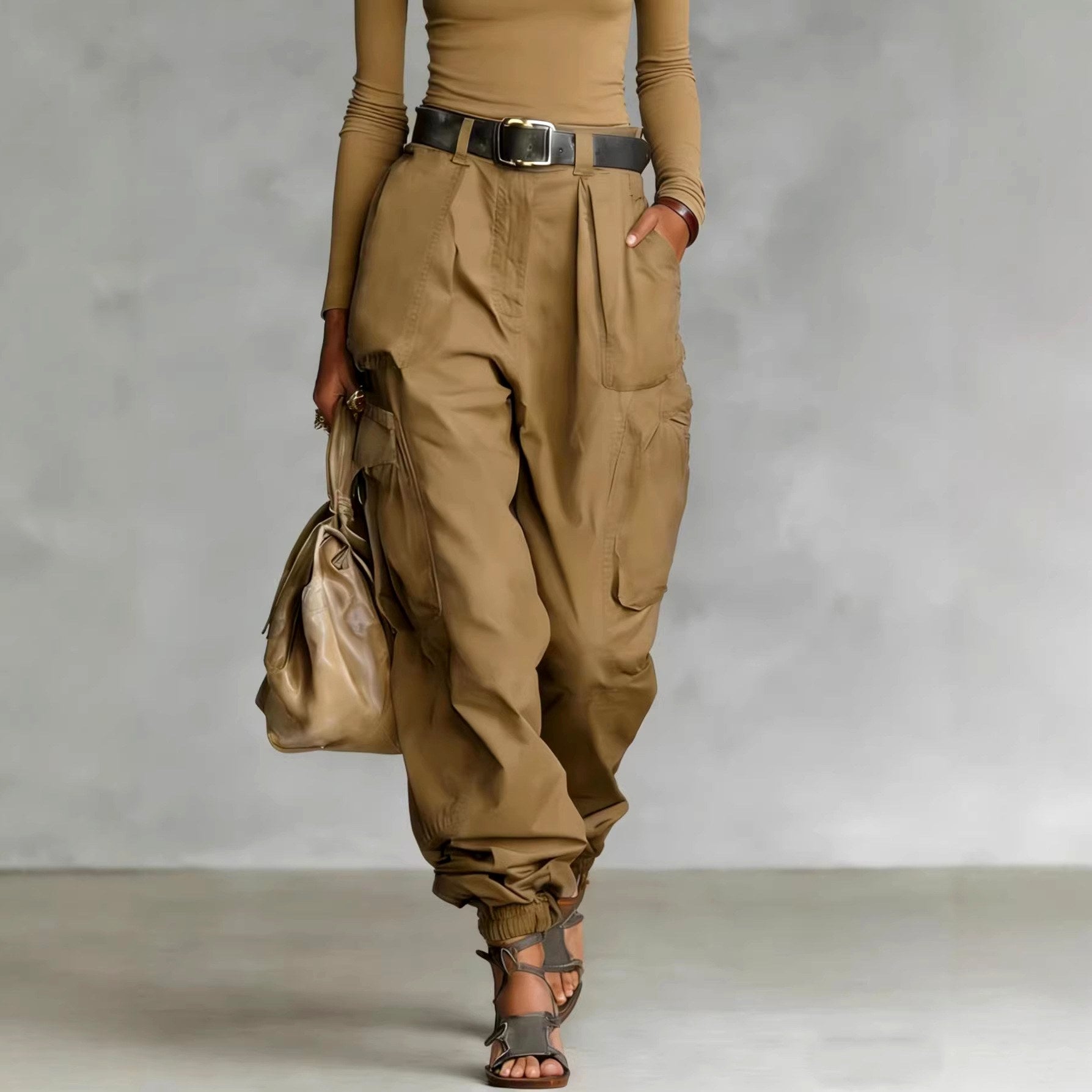 Renata - Women's Pleated High Waist Wide Leg Cargo Pants 4