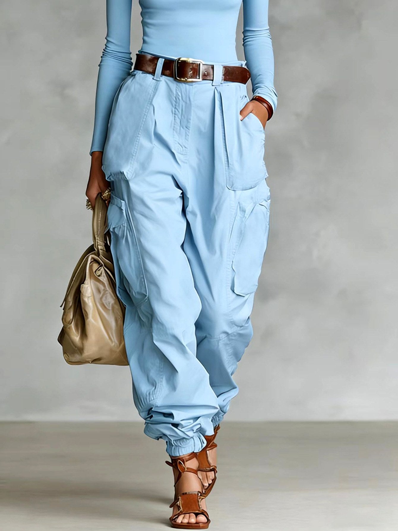 Renata - Women's Pleated High Waist Wide Leg Cargo Pants 5