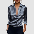 Rosalie - Women's Collared Satin Wrap Blouse