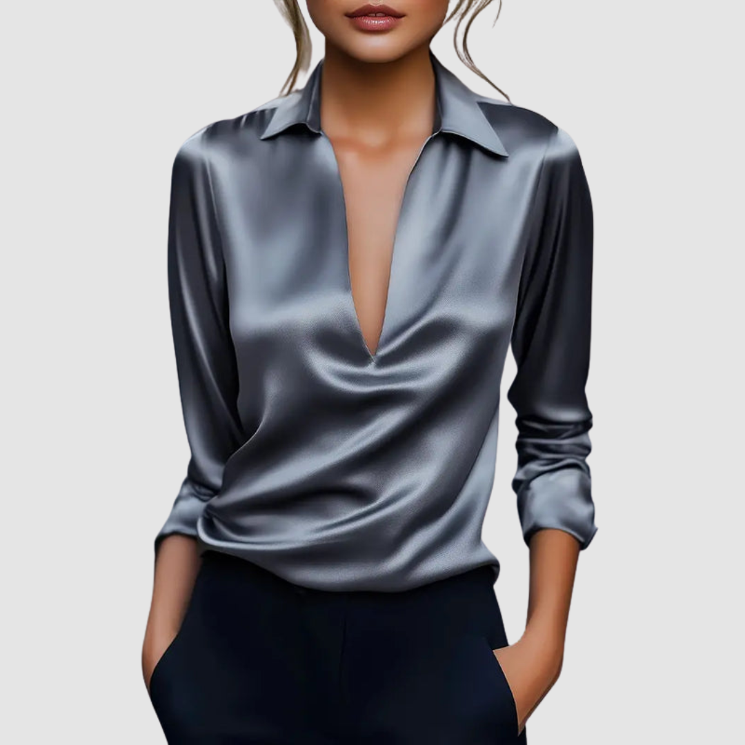 Rosalie - Women's Collared Satin Wrap Blouse