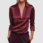 Rosalie - Women's Collared Satin Wrap Blouse