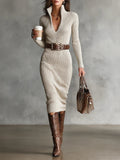 Rosalie - Women's Ribbed V-Neck Midi Dress with Belt