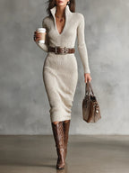 Rosalie - Women's Ribbed V-Neck Midi Dress with Belt