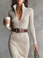 Rosalie - Women's Ribbed V-Neck Midi Dress with Belt