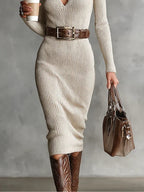 Rosalie - Women's Ribbed V-Neck Midi Dress with Belt