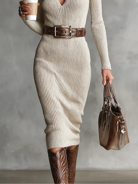Rosalie - Women's Ribbed V-Neck Midi Dress with Belt