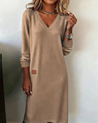 Rosemary - Women's V-Neck Midi Dress with Ribbed Sleeve Cuffs