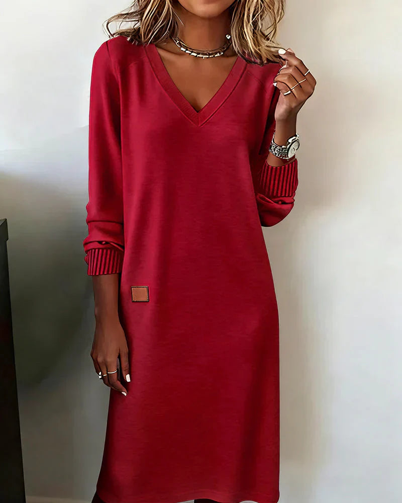 Rosemary - Women's V-Neck Midi Dress with Ribbed Sleeve Cuffs