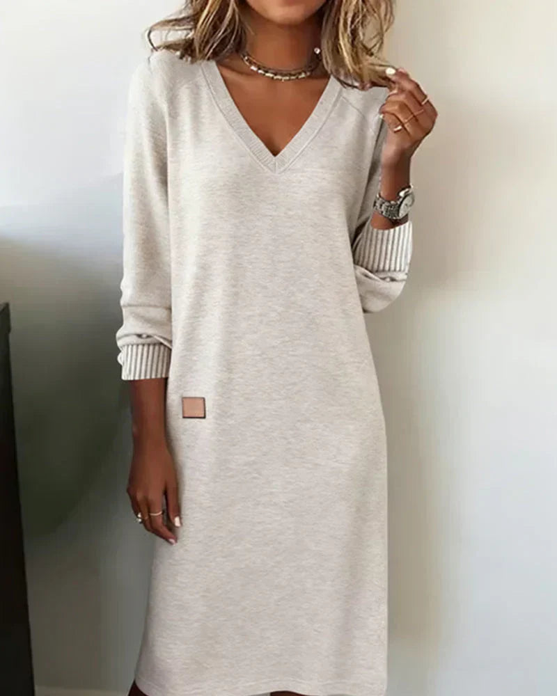 Rosemary - Women's V-Neck Midi Dress with Ribbed Sleeve Cuffs