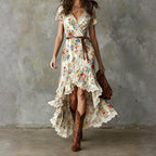 Rosemary - Women's Wrap Dress with Lace-Trim Ruffle Hem
