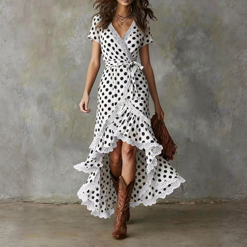 Rosemary - Women's Wrap Dress with Lace-Trim Ruffle Hem