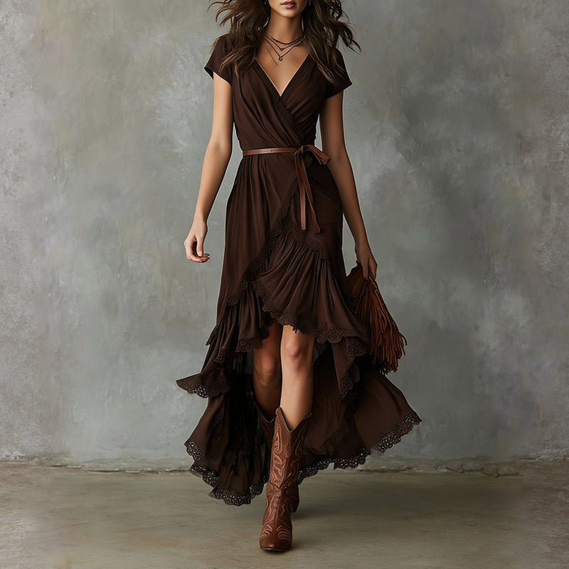 Rosemary - Women's Wrap Dress with Lace-Trim Ruffle Hem
