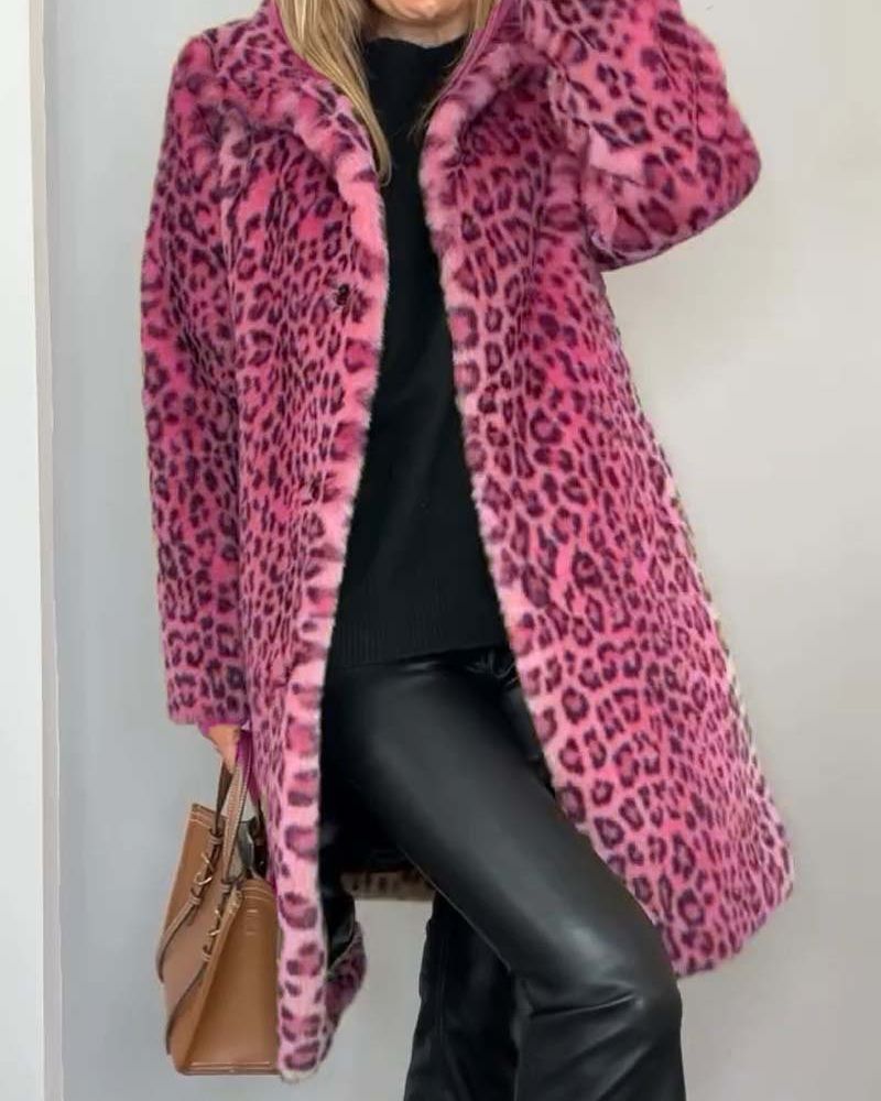 Rosita - Women's Leopard Print Coat with Faux-Fur Trim