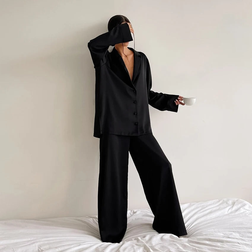 Saira - Women's Silk Oversized Blazer Pajama Set with Wide-Leg Trousers