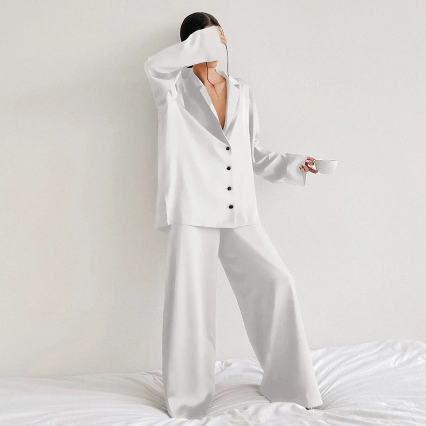 Saira - Women's Silk Oversized Blazer Pajama Set with Wide-Leg Trousers