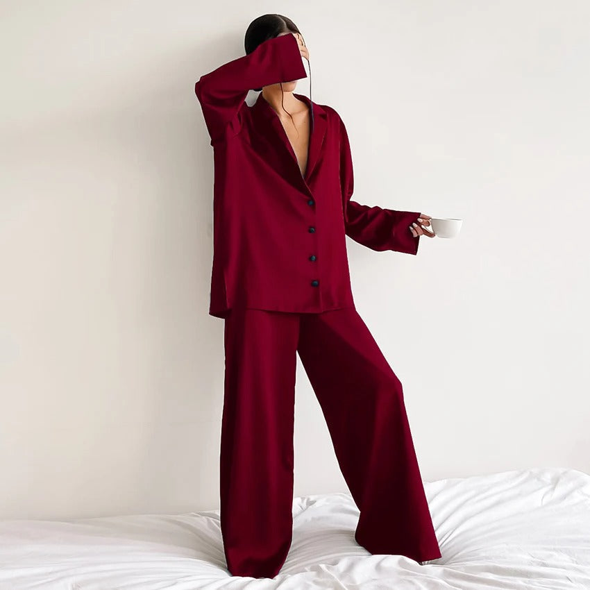 Saira - Women's Silk Oversized Blazer Pajama Set with Wide-Leg Trousers