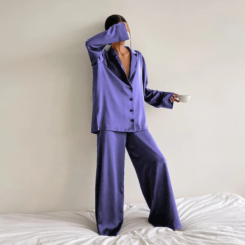 Saira - Women's Silk Oversized Blazer Pajama Set with Wide-Leg Trousers