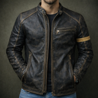 Silas - Men's Distressed Leather Moto Jacket with Chest Zip Pockets