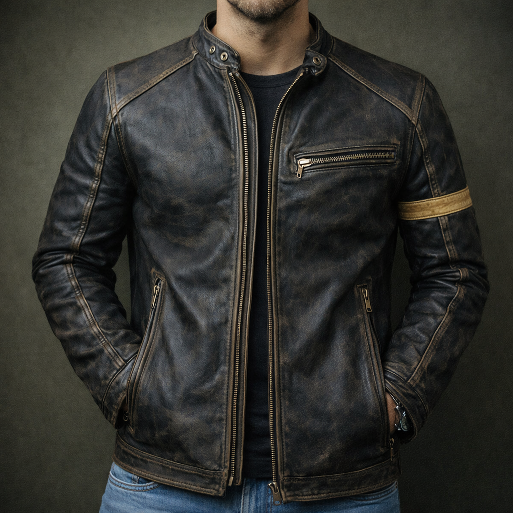 Silas - Men's Distressed Leather Moto Jacket with Chest Zip Pockets