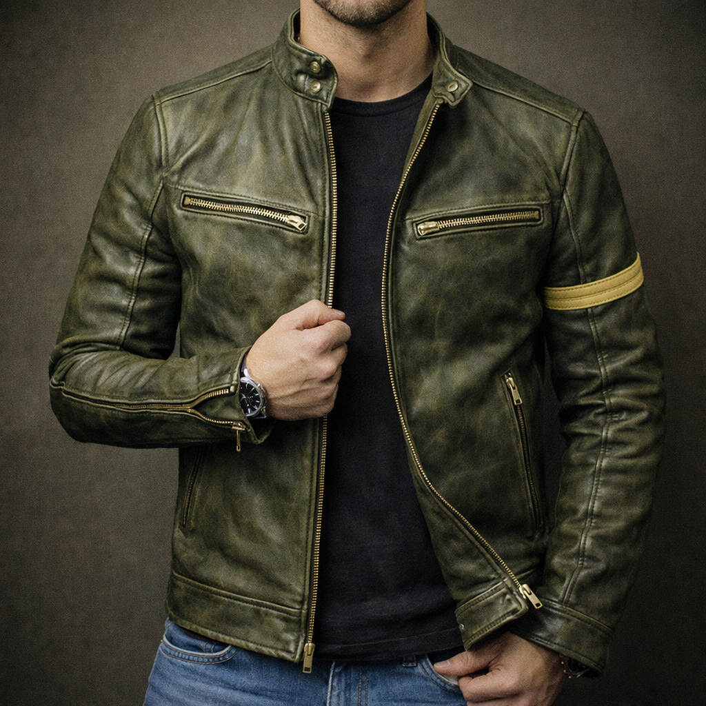 Silas - Men's Distressed Leather Moto Jacket with Chest Zip Pockets
