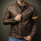 Silas - Men's Distressed Leather Moto Jacket with Chest Zip Pockets