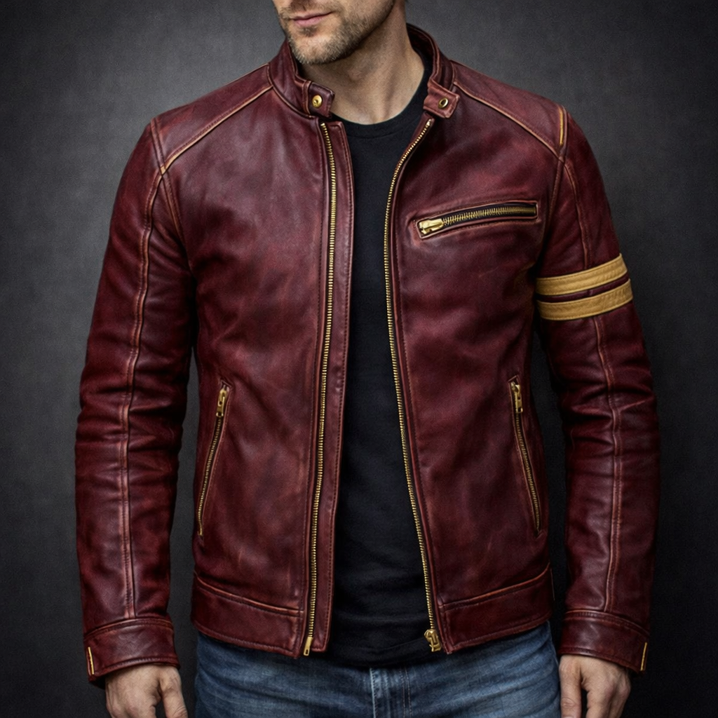 Silas - Men's Distressed Leather Moto Jacket with Chest Zip Pockets