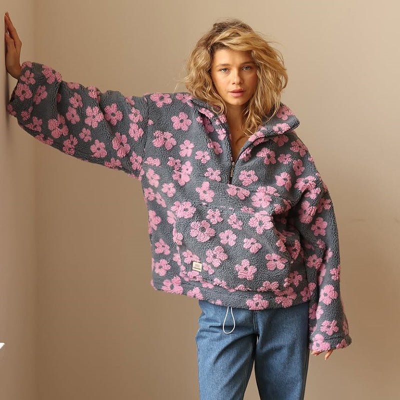Sloane - Women's Oversized Floral Half-Zip Sherpa Pullover