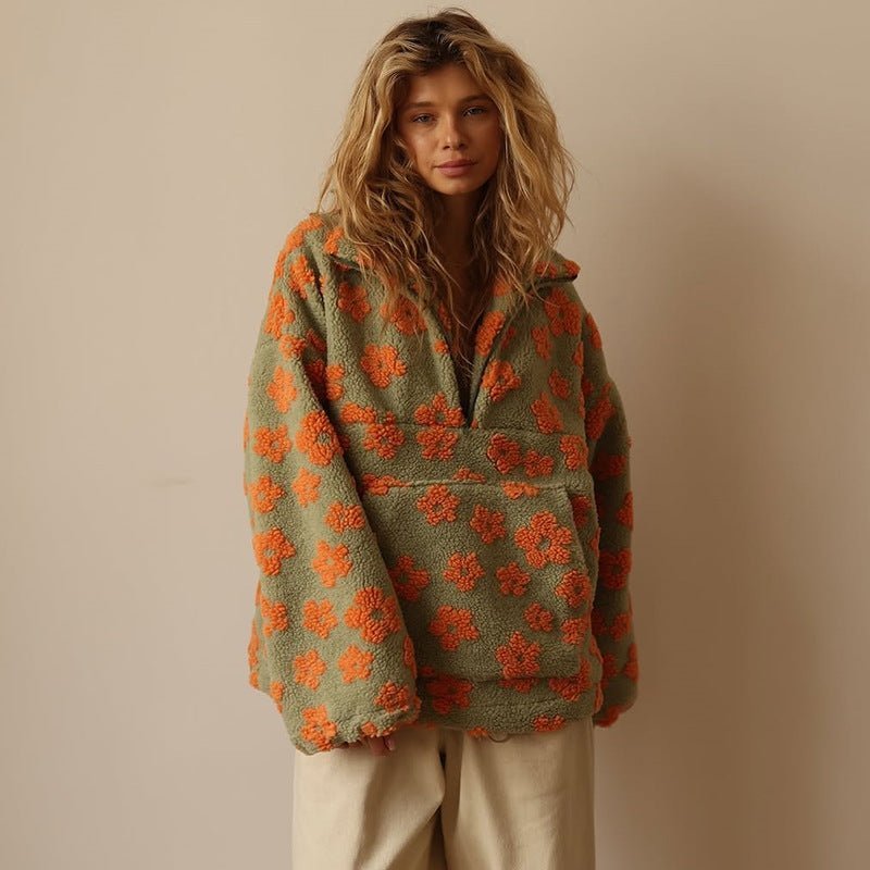 Sloane - Women's Oversized Floral Half-Zip Sherpa Pullover