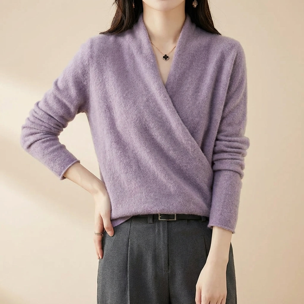 Thea - Women's Wool Blend Wrap Sweater with V-Neckline