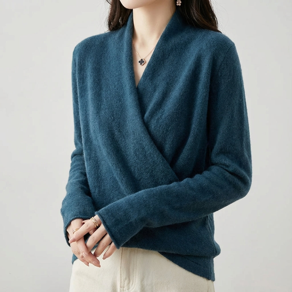 Thea - Women's Wool Blend Wrap Sweater with V-Neckline