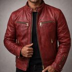 Tucson - Men's Distressed Leather Moto Jacket with Gold Hardware