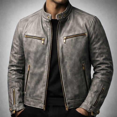 Tucson - Men's Distressed Leather Moto Jacket with Gold Hardware