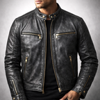 Tucson - Men's Distressed Leather Moto Jacket with Gold Hardware