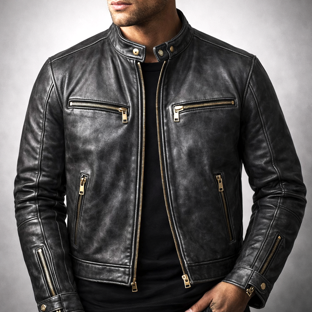 Tucson - Men's Distressed Leather Moto Jacket with Gold Hardware