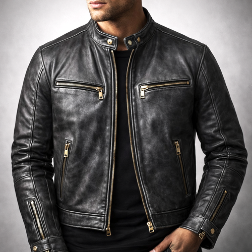 Tucson - Men's Distressed Leather Moto Jacket with Gold Hardware
