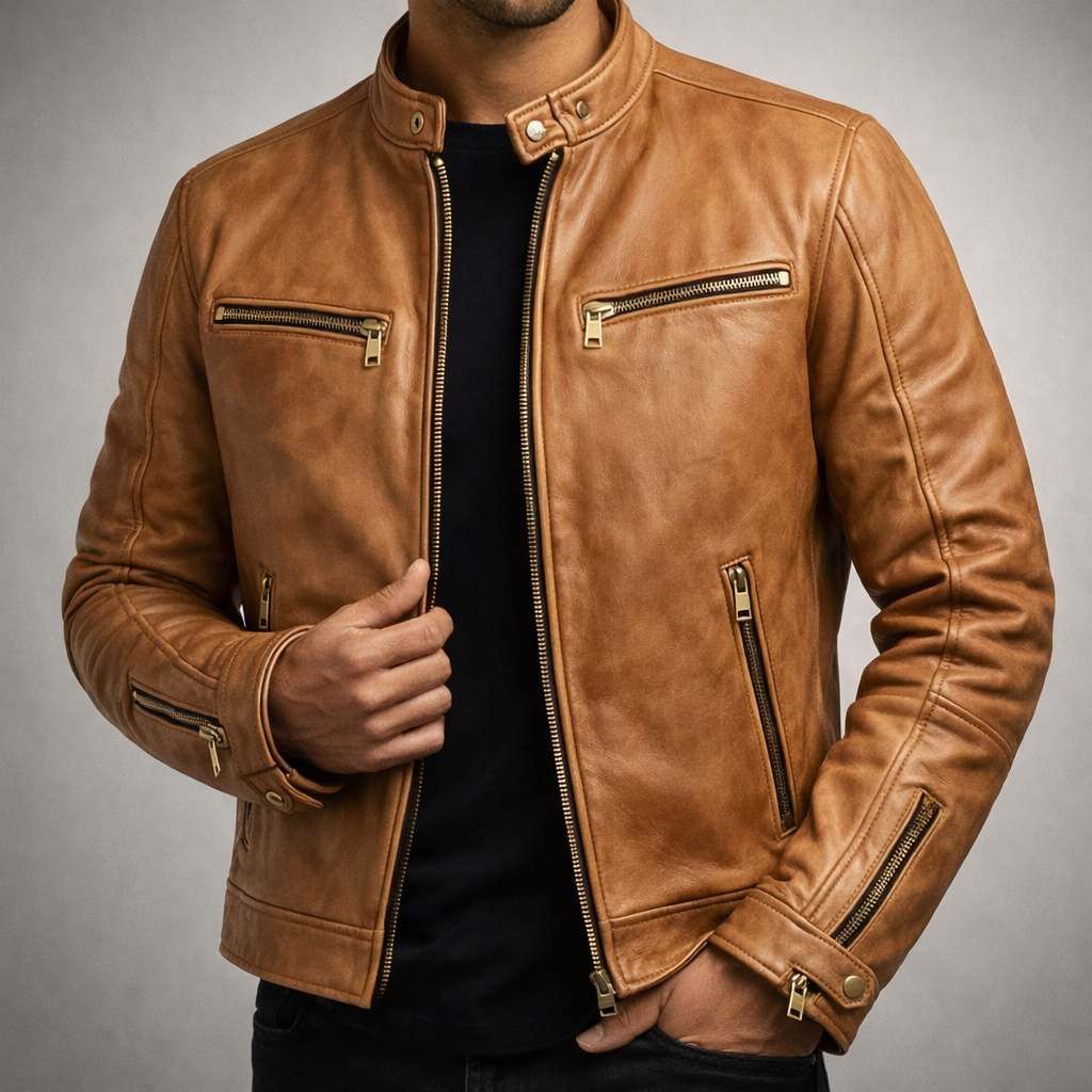 Tucson - Men's Distressed Leather Moto Jacket with Gold Hardware