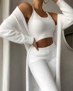Valentina - Women's Cropped Knit Top & Tapered Pant Set with Open Cardigan