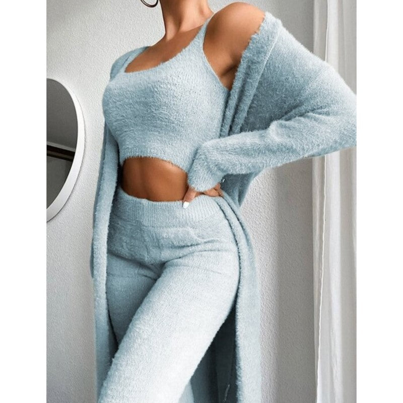 Valentina - Women's Cropped Knit Top & Tapered Pant Set with Open Cardigan
