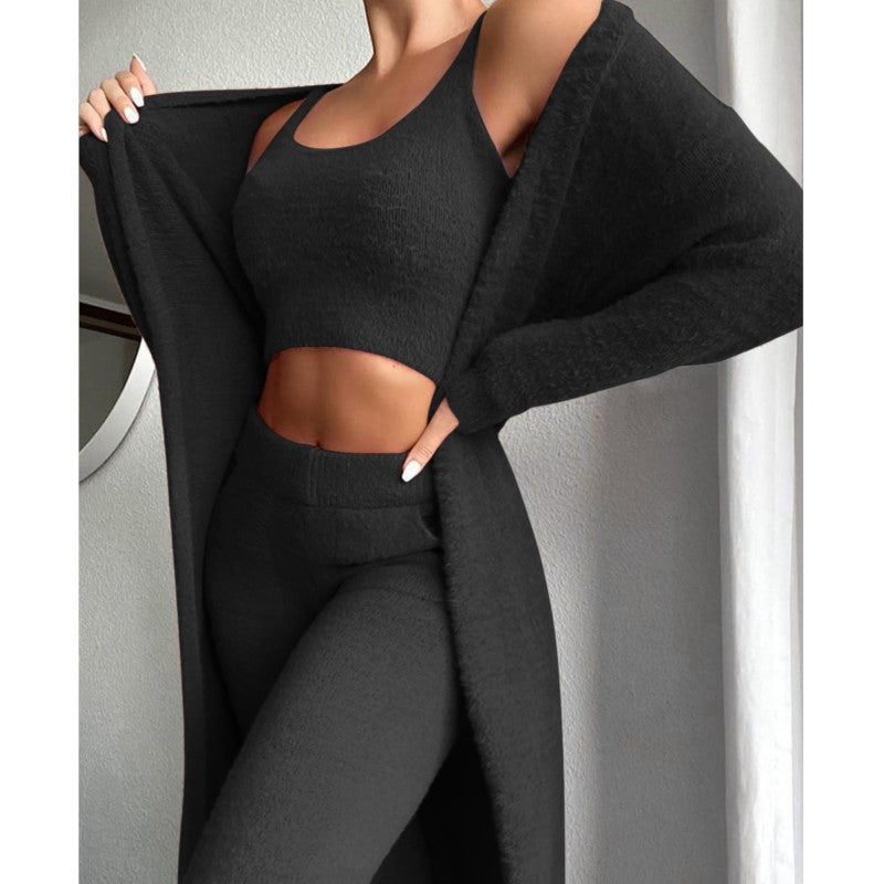 Valentina - Women's Cropped Knit Top & Tapered Pant Set with Open Cardigan