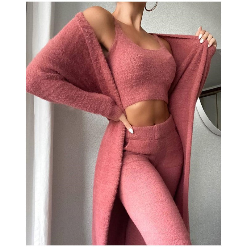 Valentina - Women's Cropped Knit Top & Tapered Pant Set with Open Cardigan