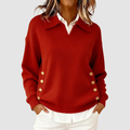 Venetia - Women's Polo Collar Knit Sweater with Gold Side Buttons