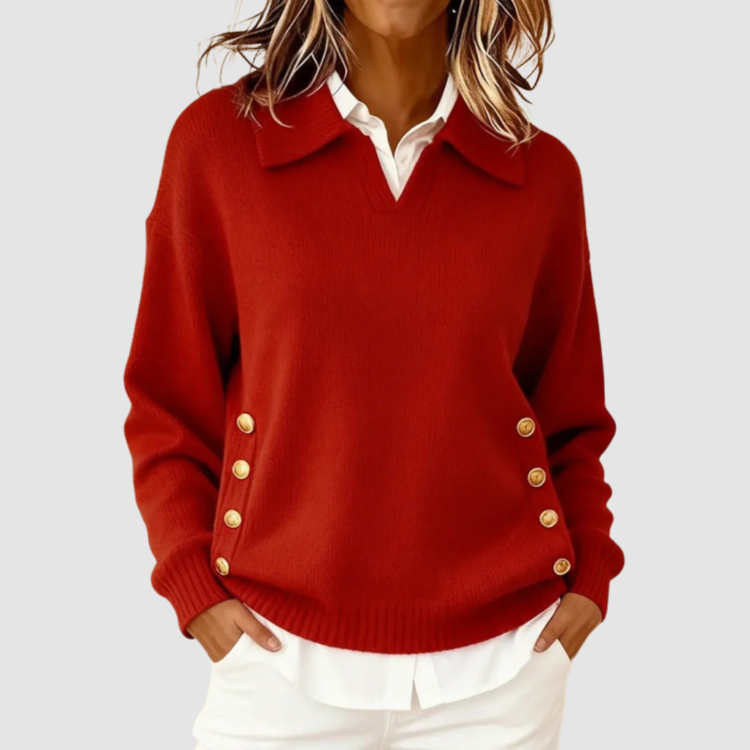 Venetia - Women's Polo Collar Knit Sweater with Gold Side Buttons