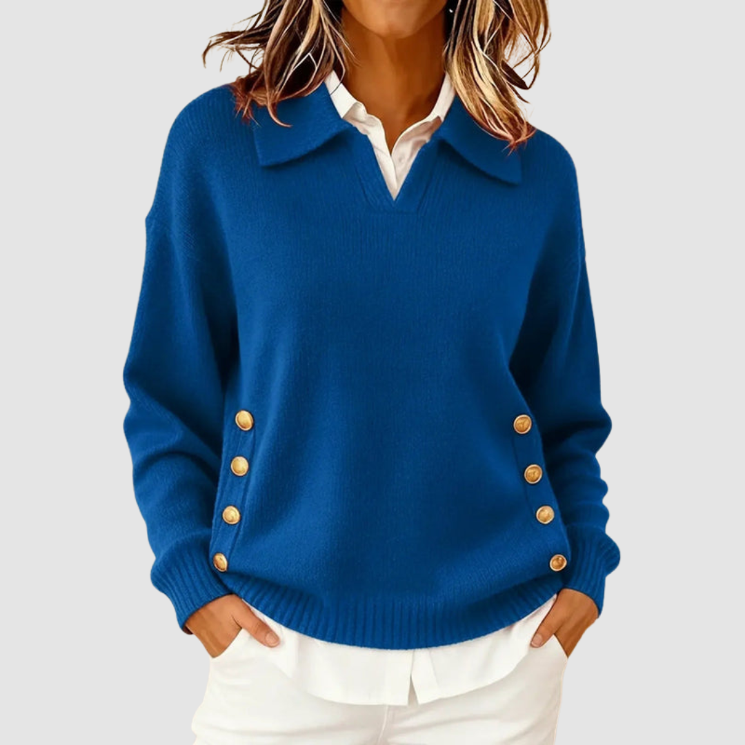 Venetia - Women's Polo Collar Knit Sweater with Gold Side Buttons