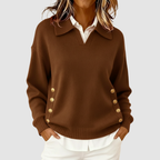 Venetia - Women's Polo Collar Knit Sweater with Gold Side Buttons