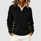 Venetia - Women's Polo Collar Knit Sweater with Gold Side Buttons